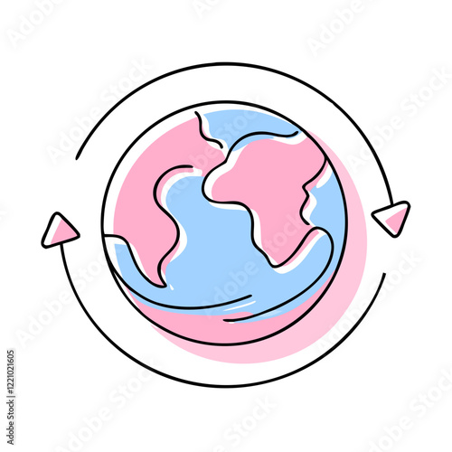 Globe surrounded by circular pink and blue arrows