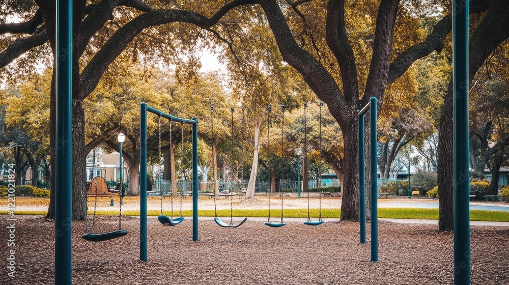 Empty swings under autumnal trees in a park Empty swings under autumnal trees in a park