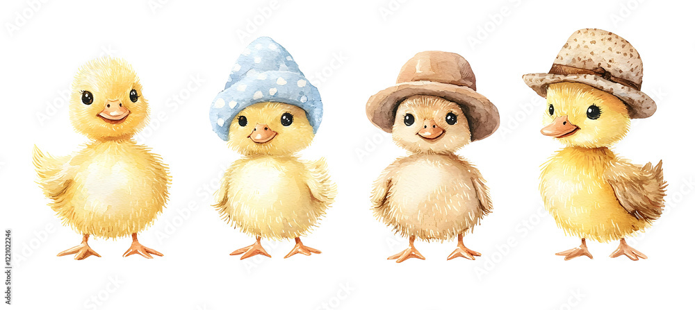 Adorable Easter Duckling Collection Wearing Stylish Hats in Watercolor Adorable Easter Duckling Collection Wearing Stylish Hats in Watercolor