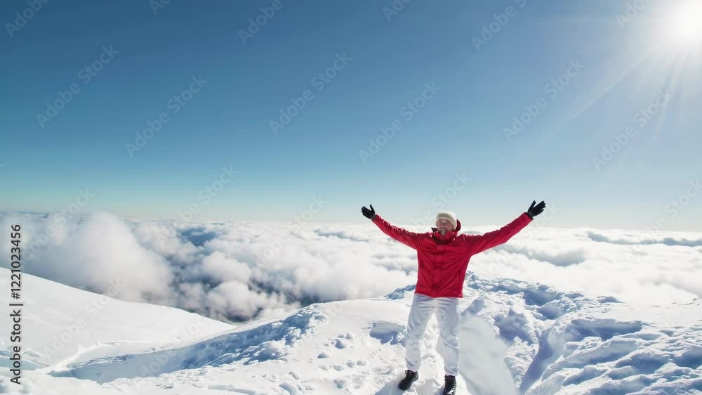A climber enjoys the view from a snowy mountain top, raising arms in celebration under a bright blue sky. A climber enjoys the view from a snowy mountain top, raising arms in celebration under a bright blue sky.