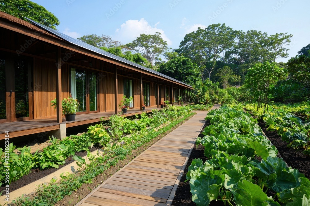 Fototapeta premium A serene garden pathway lined with lush greenery and rustic wooden buildings, inviting tranquility and connection with nature.