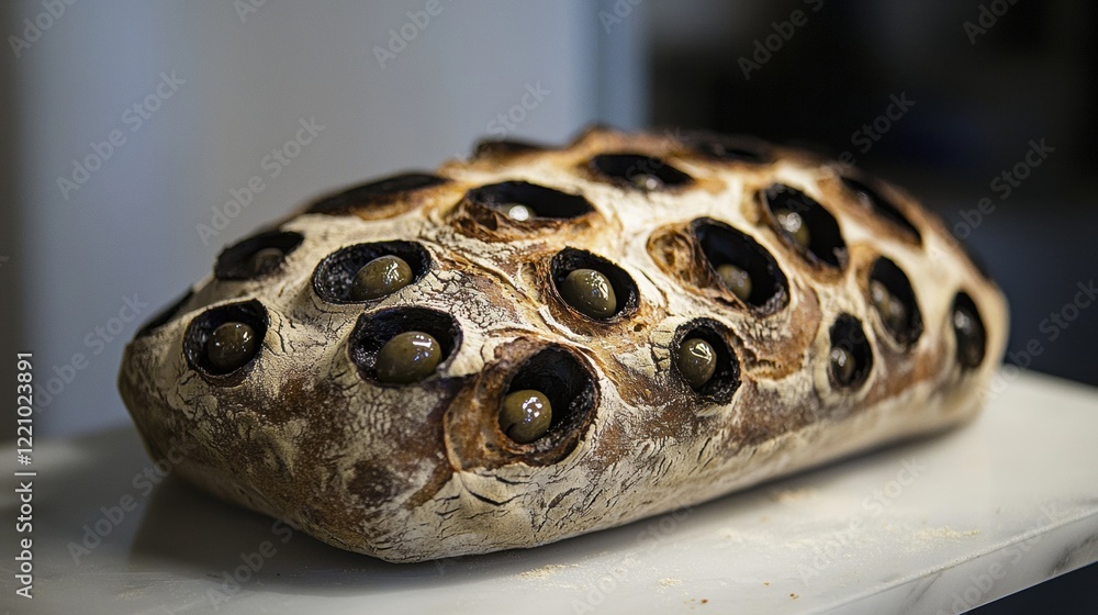 Obraz premium Rustic Olive Bread Loaf CloseUp View Baked Goods