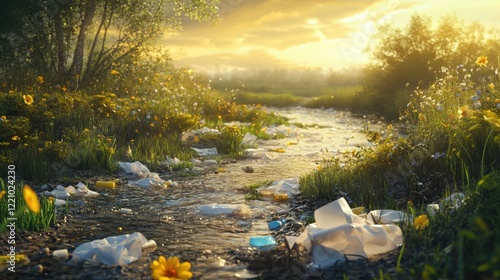 Pollution cleanup effort in nature reserve stream with debris environmental conservation evening light eco awareness photo