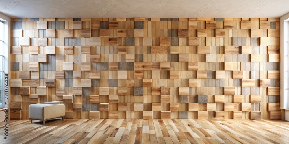 Modern minimalist interior design featuring a captivating three-dimensional wood block wall and a stylish contemporary armchair Modern minimalist interior design featuring a captivating three-dimensional wood block wall and a stylish contemporary armchair