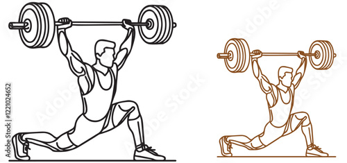 One continuous black line drawing of man lifting barbel with a heavy weight bar weightlifting at gym doodle linear drawing vector