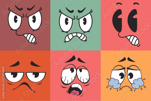 Angry cartoon faces with negative emotions isolated set. Vector flat graphic design illustration