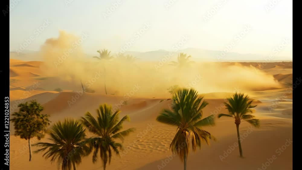 Golden Desert Oasis with Palm Trees and Rolling Sand Dunes at Sunrise Golden Desert Oasis with Palm Trees and Rolling Sand Dunes at Sunrise
