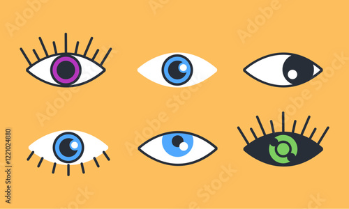 Different type of eyes colorful esoteric style flat set. Vector graphic design illustration element	