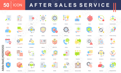 After Sales Service icon collection set. Covering claims, warranty, maintenance, communication, solutions, repairs, policies, guides, and customer satisfaction. Perfect for professional projects.