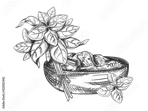 Vector illustration of basil bunch and leaf, wooden dish with sauce. Organic fresh vegetables, healthy harvest. Ingredients, farming products. Hand drawn, line art by black ink on isolated background