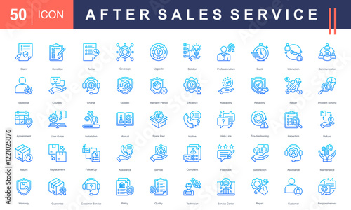 After Sales Service icon collection set. Covering claims, warranty, maintenance, communication, solutions, repairs, policies, guides, and customer satisfaction. Perfect for professional projects.