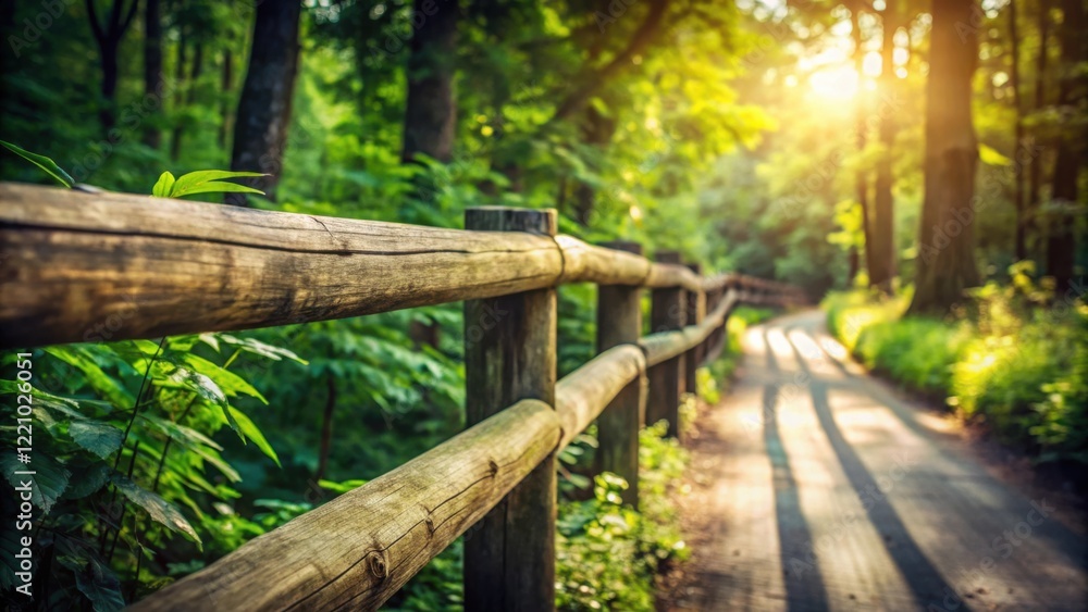 A Rustic Wooden Rail Fence Lines a Sun-Dappled Path Through a Lush Green Forest, Casting Long Shadows on a Warm Summer's Day A Rustic Wooden Rail Fence Lines a Sun-Dappled Path Through a Lush Green Forest, Casting Long Shadows on a Warm Summer's Day