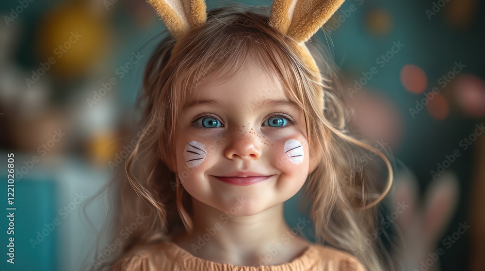 A childs face with a joyful smile, showing off a painted bunny on their cheek, wearing bunny ears and surrounded by festive spring d?(C)cor A childs face with a joyful smile, showing off a painted bunny on their cheek, wearing bunny ears and surrounded by festive spring d?(C)cor