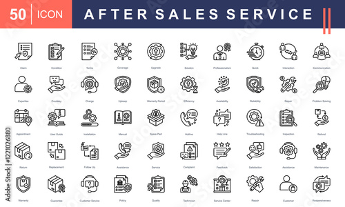 After Sales Service icon collection set. Covering claims, warranty, maintenance, communication, solutions, repairs, policies, guides, and customer satisfaction. Perfect for professional projects.