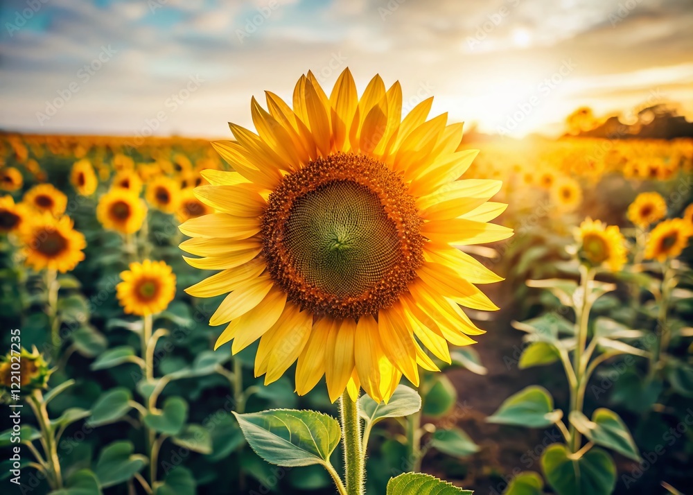 Fototapeta premium Sunflowers in Field, White Space, Summer Bloom, Documentary Photography Style