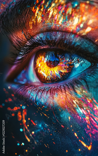 Chromatic Vision: A captivating close-up portrait of an eye ablaze with vibrant, abstract colors, creating a psychedelic and otherworldly effect.