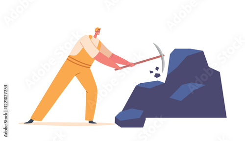 Miner with Pickaxe Digging Soil Explore Fossil on Quarry Pit, Mineral Exploration, Coal Mining Industry Concept
