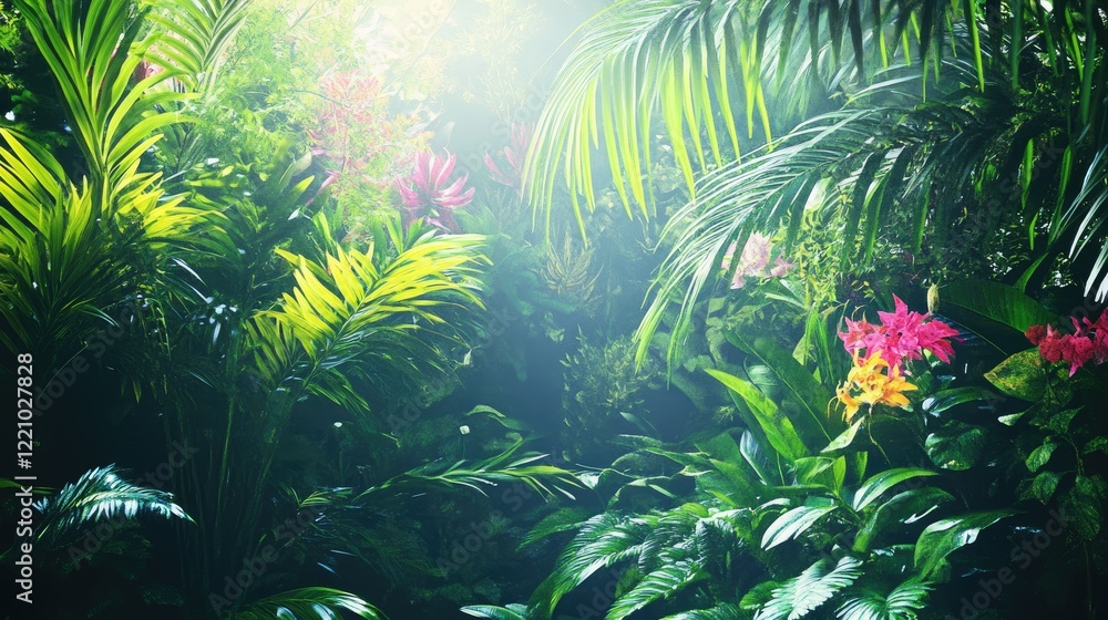 Fototapeta premium Lush Tropical Rainforest Canopy With Vibrant Flowers
