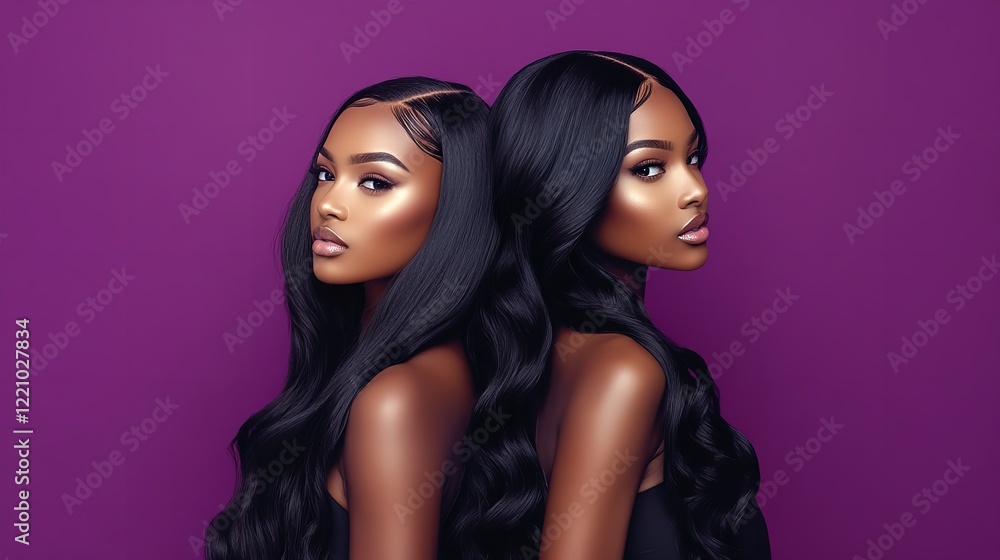 Elegant Black models in chic black dresses, showcasing long voluminous body wave hair, against a deep plum background for a luxurious, sophisticated look