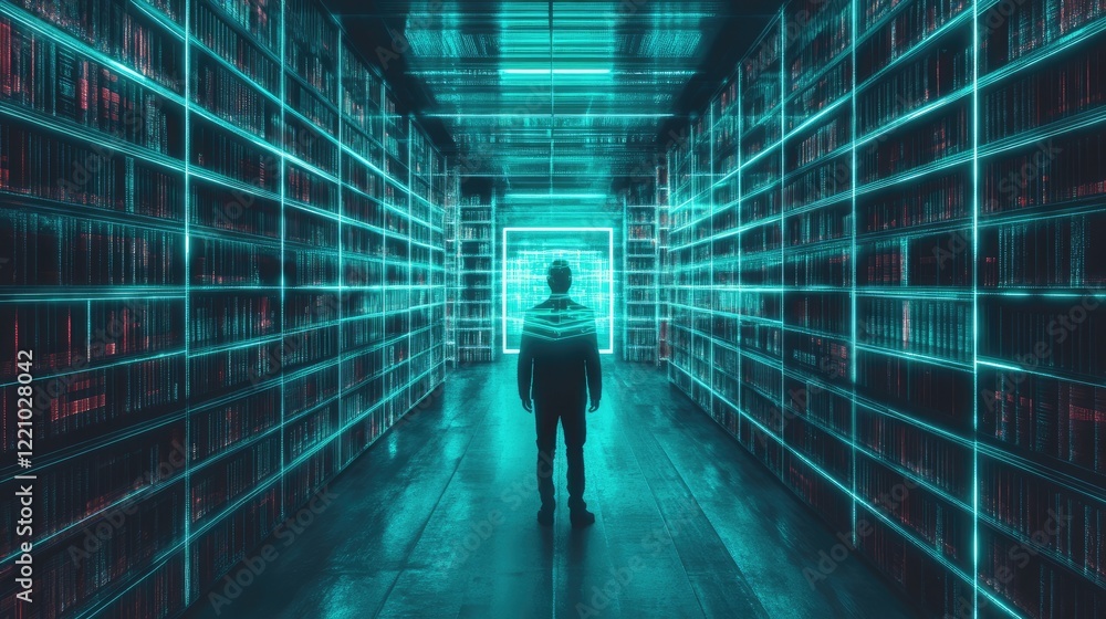 Digital Library A Man Stands In A Neon Lit Hallway Digital Library A Man Stands In A Neon Lit Hallway