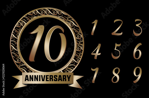 Golden 10th anniversary logo with decorative frame and number set