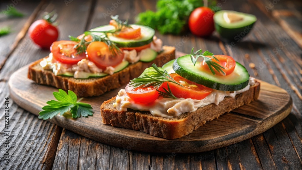 Delightful open-faced sandwiches with creamy spread, topped with fresh cucumber, tomato, and dill Delightful open-faced sandwiches with creamy spread, topped with fresh cucumber, tomato, and dill