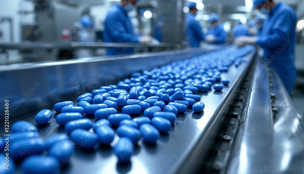 Fototapeta premium Production process of blue capsules at a pharmaceutical facility during daylight hours