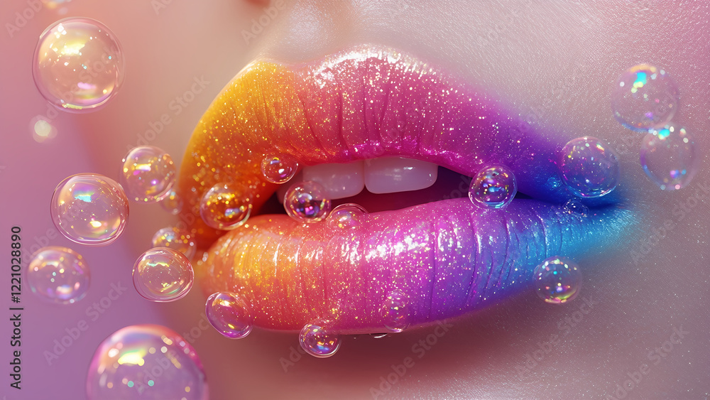 Fototapeta premium A detailed close up view of beautiful stunning iridescent colored makeup woman's lips and soap bubbles. Portrait of professional rainbow lipstick makeup. Banner concept for party