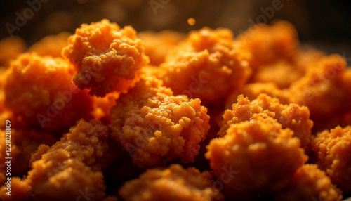 Crispy golden bites of battered food arranged appealingly with a soft glow highlighting their texture and color photo