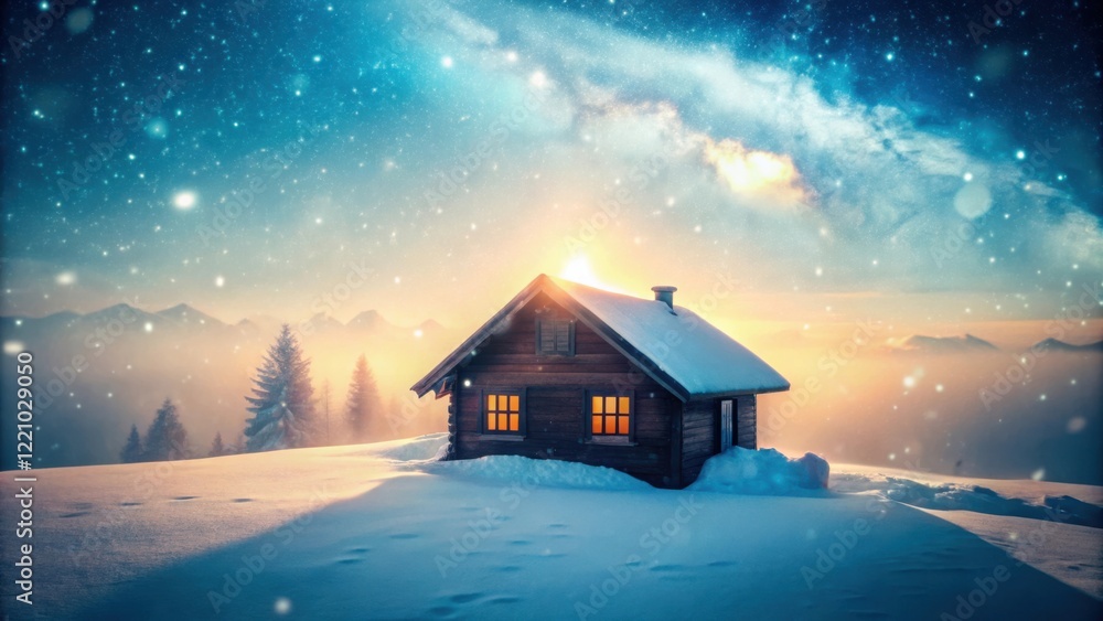 Secluded Cabin in a Winter Wonderland, Bathed in the Golden Light of Sunset, Under a Starry Sky Secluded Cabin in a Winter Wonderland, Bathed in the Golden Light of Sunset, Under a Starry Sky