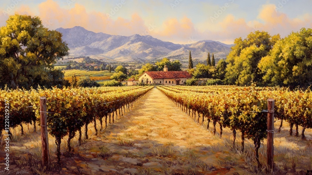 Obraz premium Vineyard House Mountain Landscape Scenic Painting