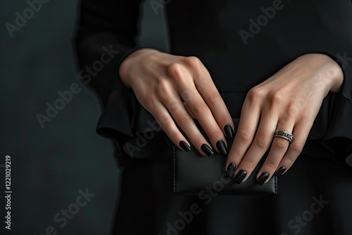 Female Hands with Beautiful Nail Polish and Rings Holding Small Black Bag photo