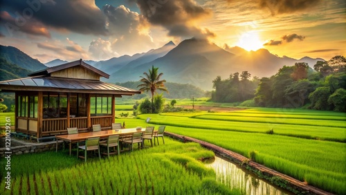 Serene Drift Coffee Shop Landscape, Phahee Thailand: Lush Green Rice Paddies & Mountain Views photo