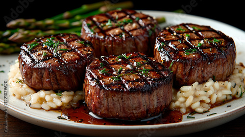 Close-up of perfectly grilled filet mignon medallions with a caramelized crust on creamy risotto
