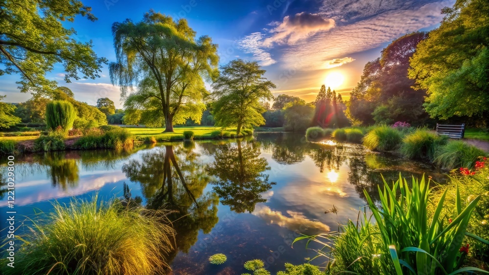 Fototapeta premium Serene Hayes Common Pond Sunset: Bromley, Kent, UK - High-Resolution Stock Photo