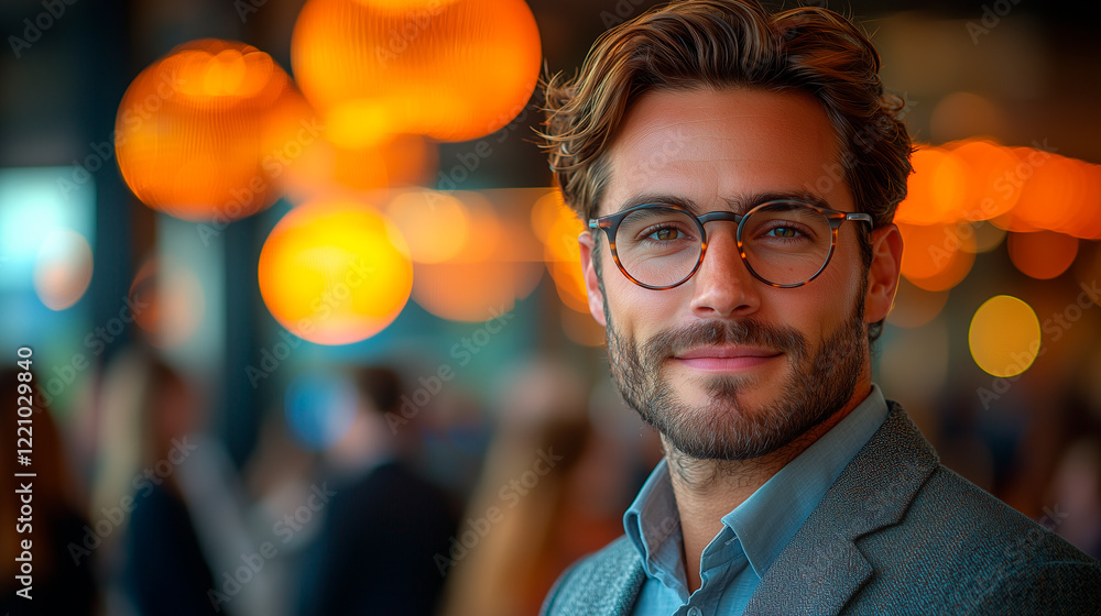 Obraz premium Confident young businessman in glasses and a blazer at a stylish social event