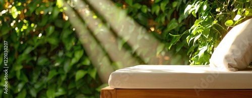 A serene outdoor setting with sunlight filtering through greenery, highlighting a comfortable cushioned surface.
