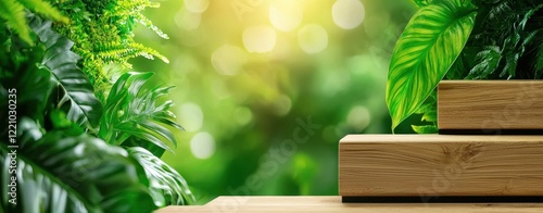 A serene, green background with lush foliage and wooden steps, creating a peaceful, natural atmosphere.