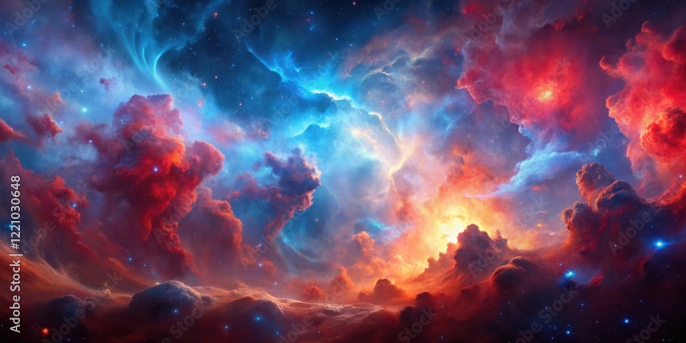 A Celestial Tapestry of Fiery Red and Serene Blue Nebulae Across a Starry Expanse, Featuring a Dramatic Landscape of Otherworldly Clouds A Celestial Tapestry of Fiery Red and Serene Blue Nebulae Across a Starry Expanse, Featuring a Dramatic Landscape of Otherworldly Clouds