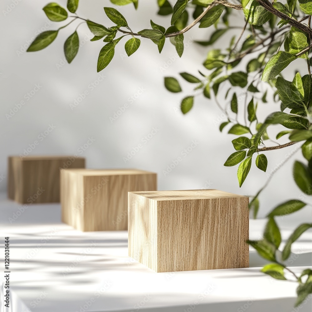 Wooden cubes on a white background with green leaves. 3d rendering Wooden cubes on a white background with green leaves. 3d rendering