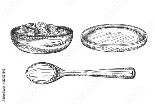 Vector set illustration wooden texture plate, spoon. Kitchen utensils, tools, dishes, home decor. Retro old cutlery Hand drawn illustration in line art style painted in black ink, isolated background