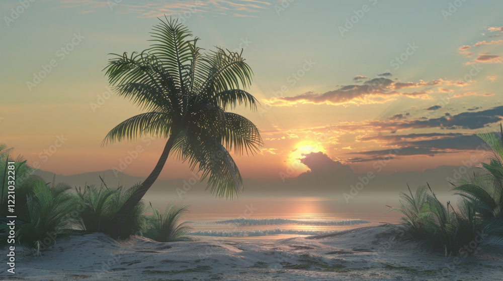 Obraz premium sunrise at sandy beach with palm tree