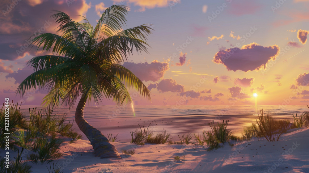 Fototapeta premium sunrise at sandy beach with palm tree