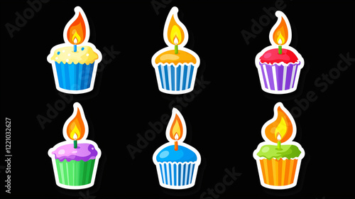 Birthday Cupcakes with Candles: A set of six colorful cartoon cupcakes, each topped with a lit candle, perfect for invitations, cards, and festive designs.