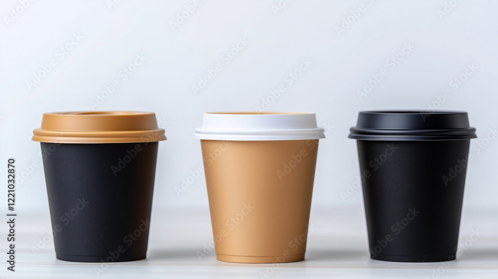 Coffee Break Essentials: A minimalist arrangement of three coffee cups, showcasing a subtle color palette of brown, white, and black, creating a clean and modern aesthetic. Coffee Break Essentials: A minimalist arrangement of three coffee cups, showcasing a subtle color palette of brown, white, and black, creating a clean and modern aesthetic.