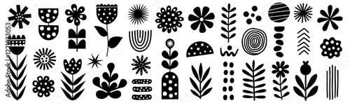 Black and white vector silhouettes of abstract floral and nature shapes
