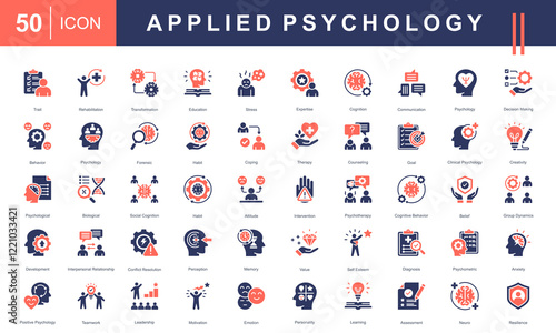 Icons illustrating Applied Psychology concepts like traits, therapy, cognition, emotions, behavior, leadership, motivation, and resilience. Ideal for academic or professional use.