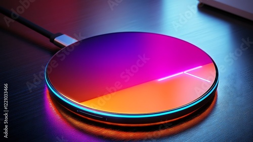 Mockup of a sleek wireless charger with a futuristic design and vivid LED accents photo