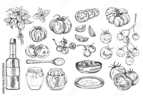 Vector illustration of vegetable set ripe red tomatoes, basil leaves, glass bottles, wood plates. Organic farming healthy fresh ingredients. Hand drawn, line art by black ink on isolated background