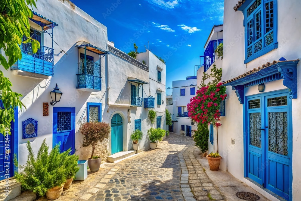 Fototapeta premium Sidi Bou Said, Tunisia: Charming Whitewashed Street with Blue Windows and Wrought Iron Doors